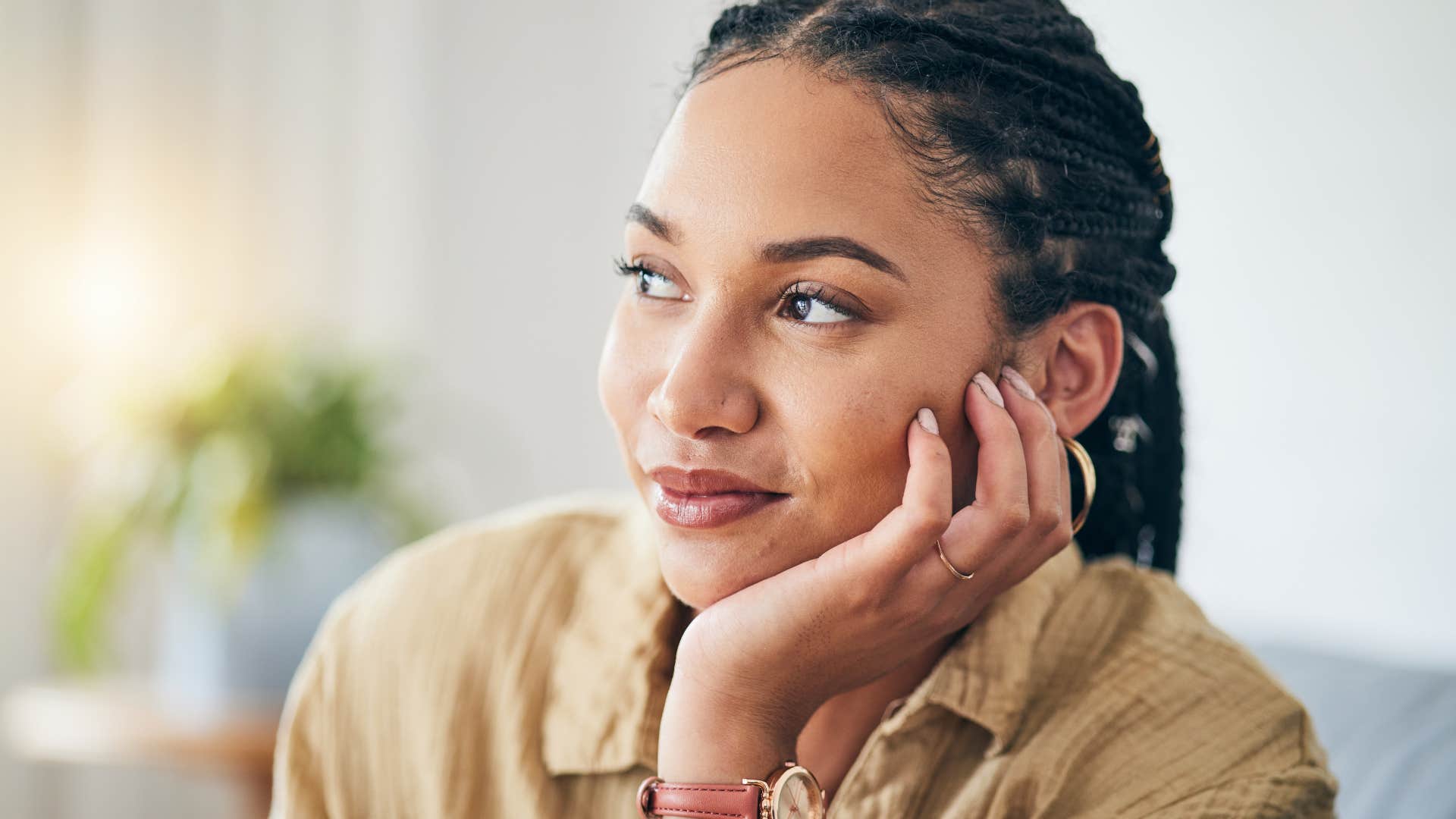 confident happy woman thinking not letting self-criticism take over