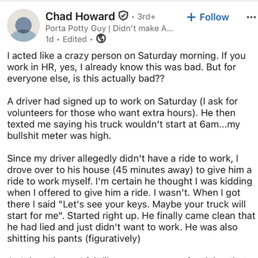 boss linkedin post about worker calling out