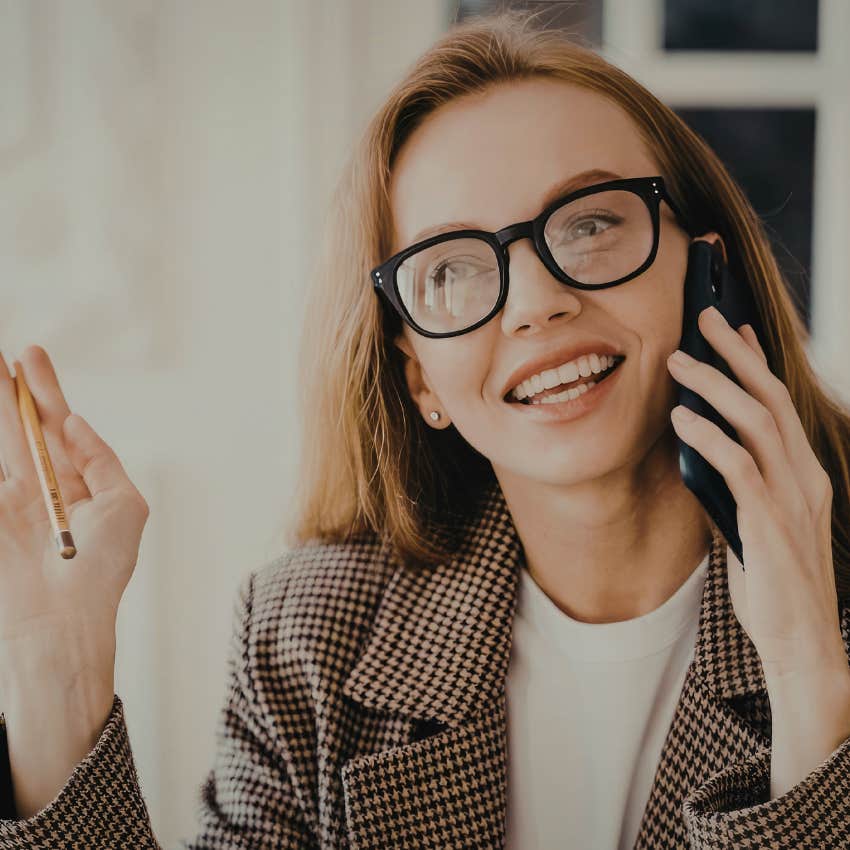 intelligent woman using her expansive vocabulary on the phone