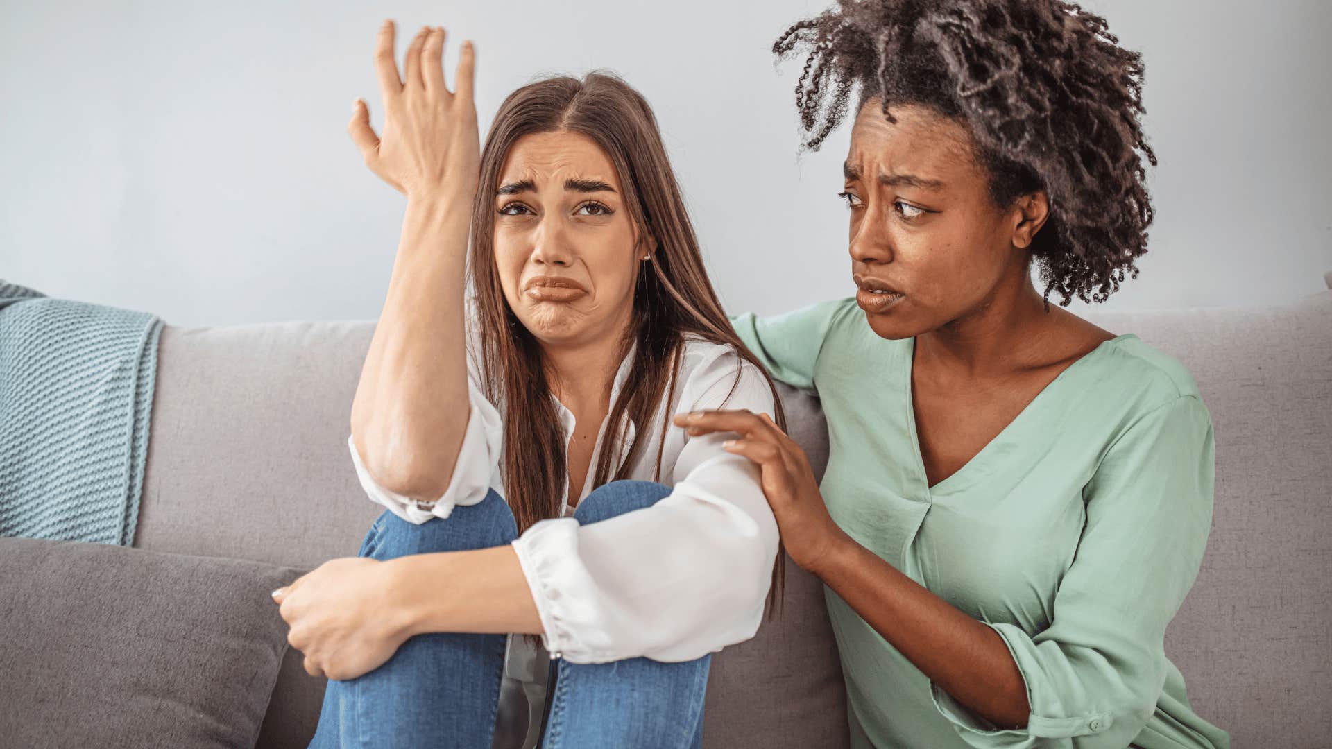 narcissistic woman acting like a victim while friend comforts her saying im here when nobody else is