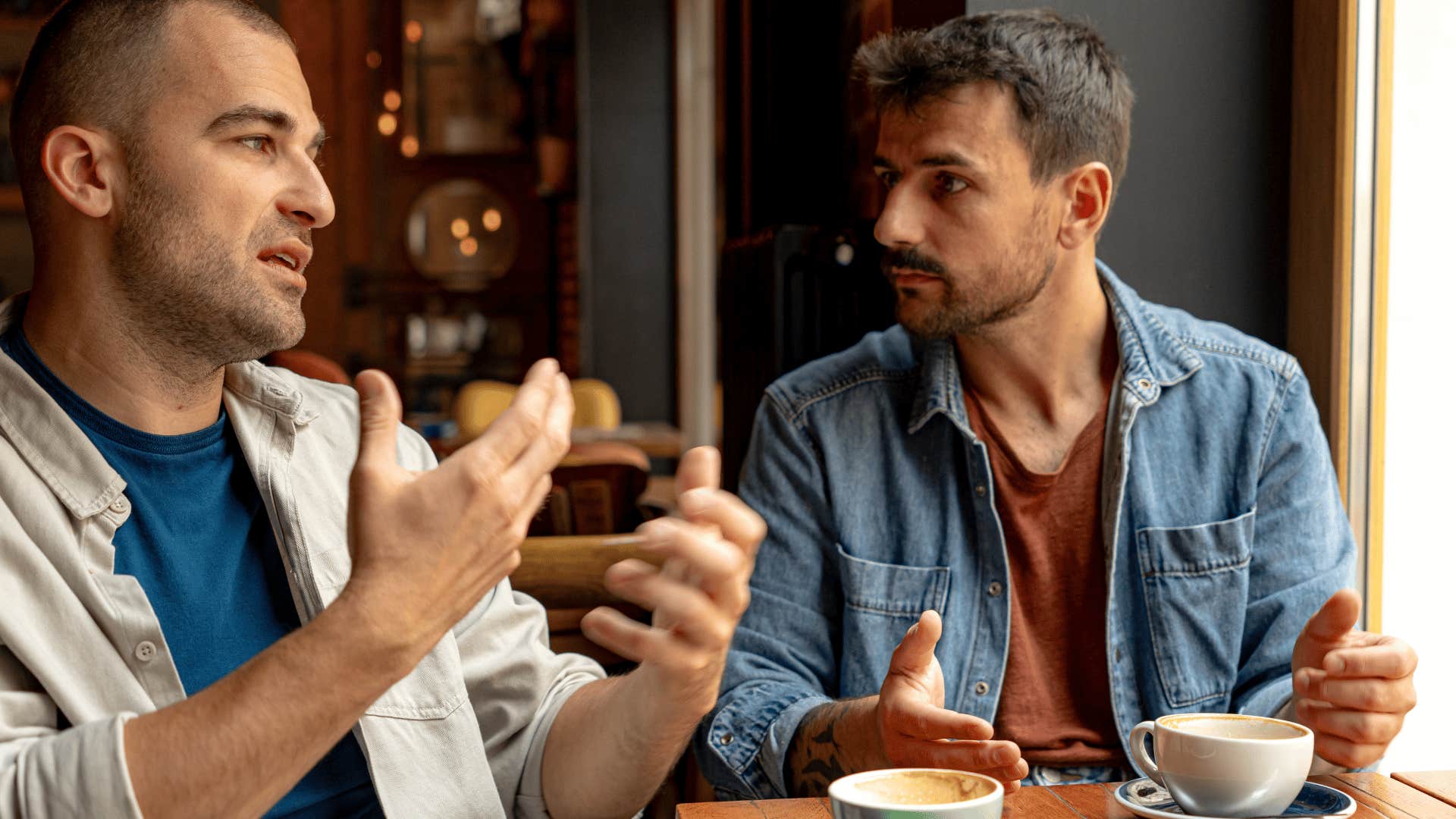 narcissistic man telling friend over coffee my exes are insane