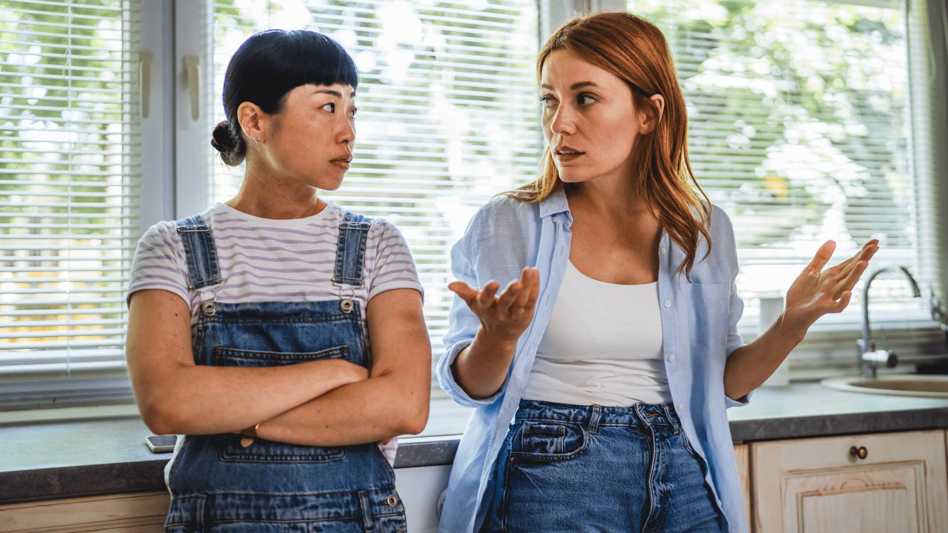 narcissistic woman asking her friend why should i care during casual conversation
