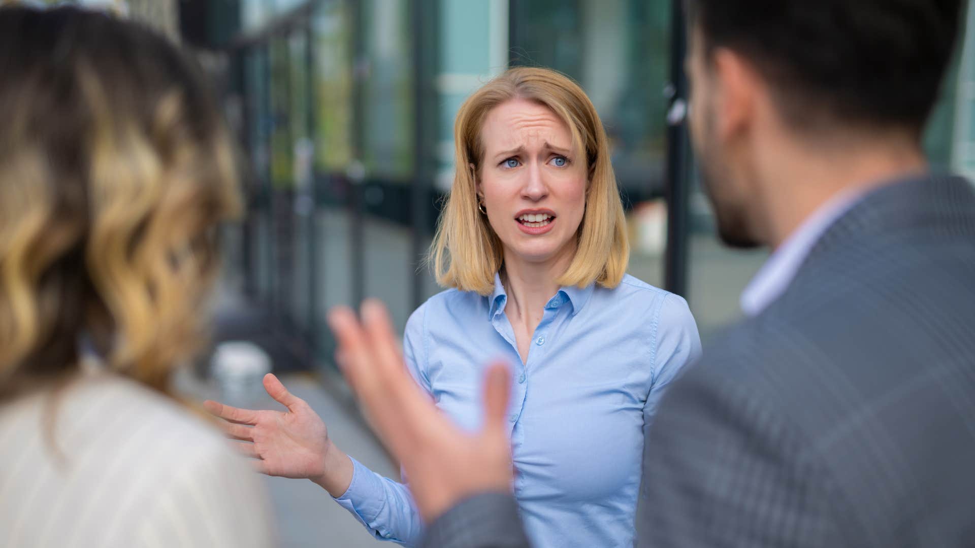 narcissistic woman yelling at colleagues saying you cant do that
