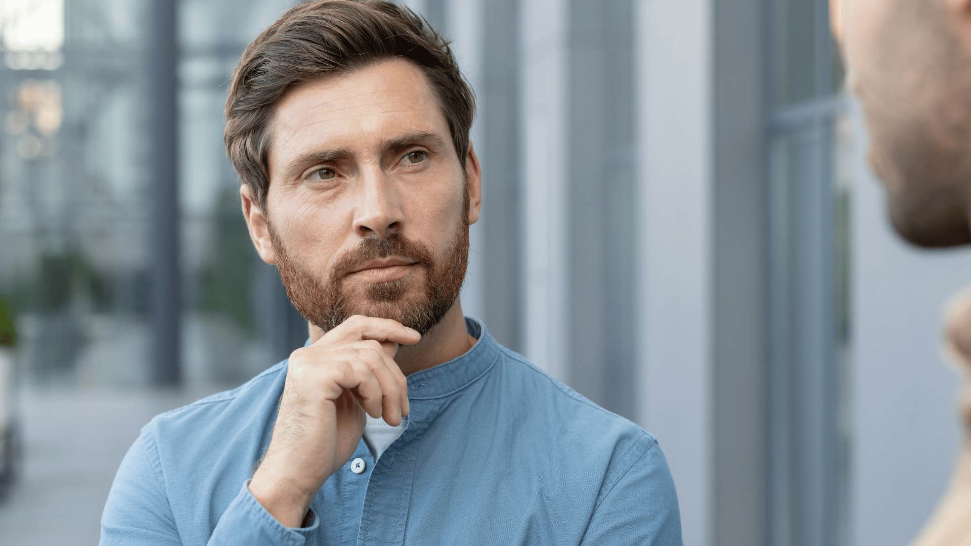 man in interesting conversation telling friend you decide