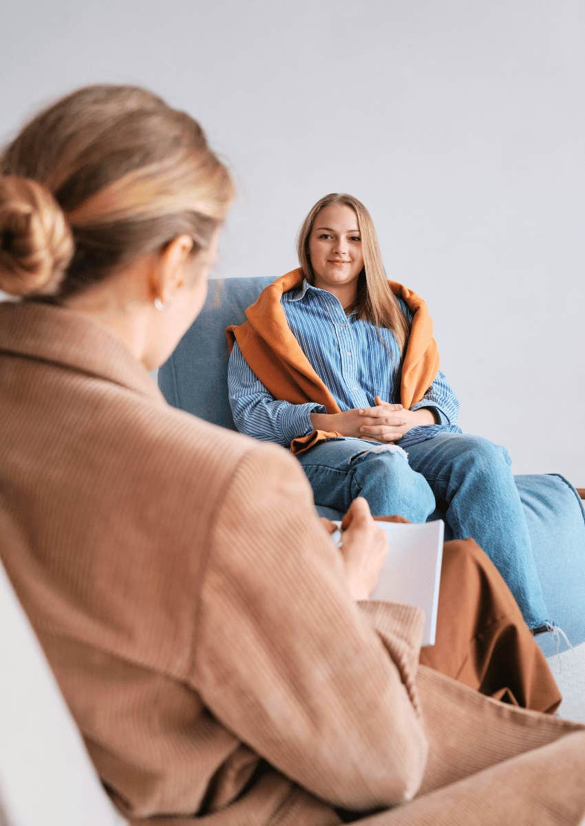 young woman resolving old relationship patterns in therapy
