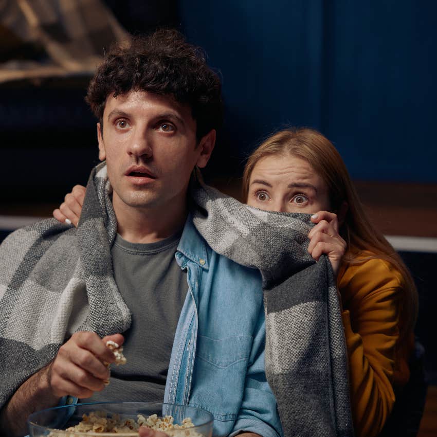 scared couple watching horror movie are better equipped to cope with fear