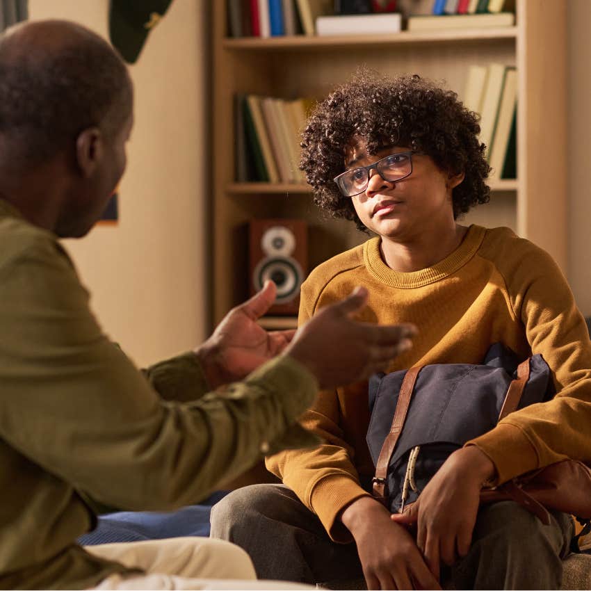old-fashioned father telling son end of discussion during disagreement