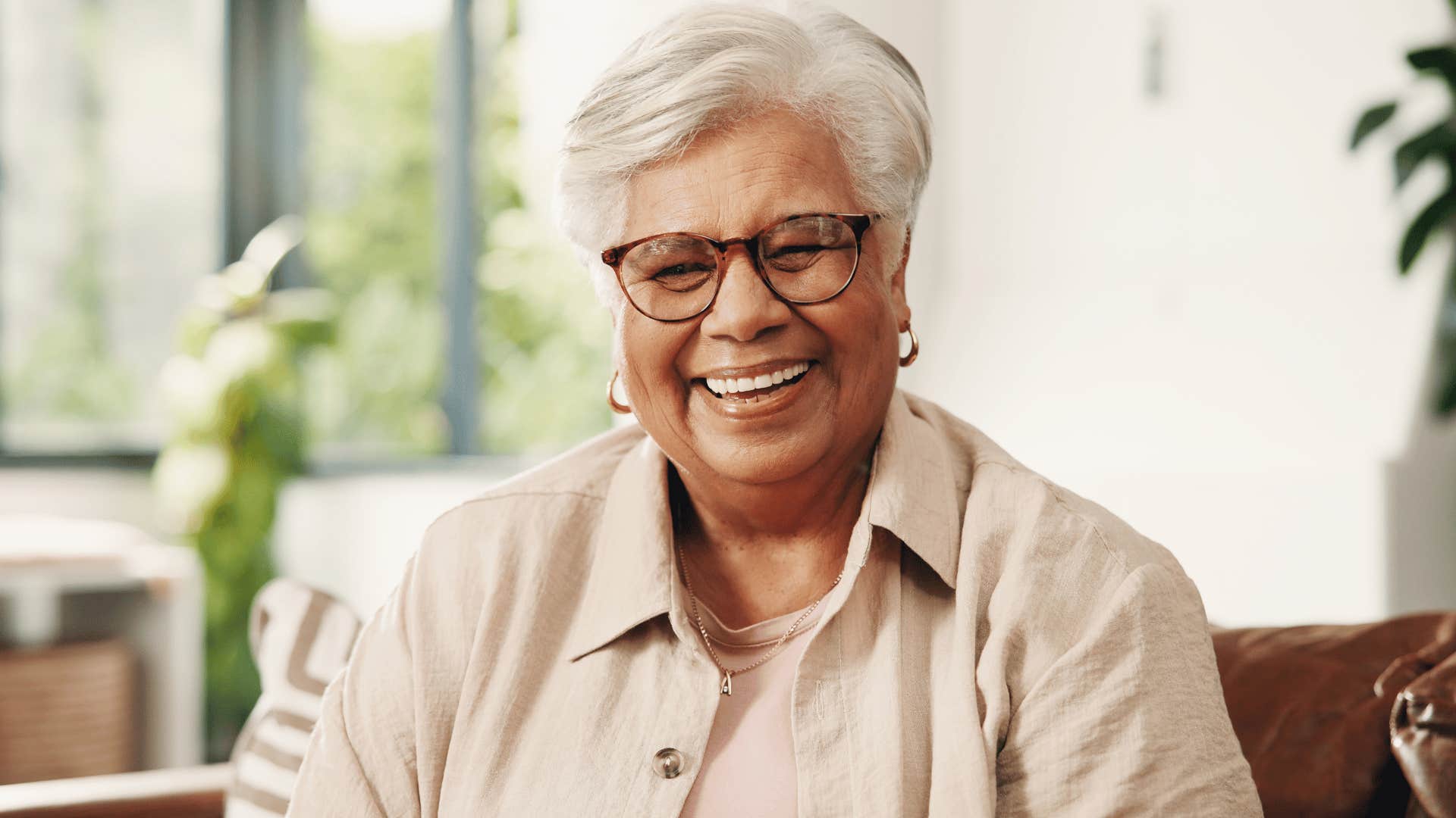 happy older woman putting her peace first