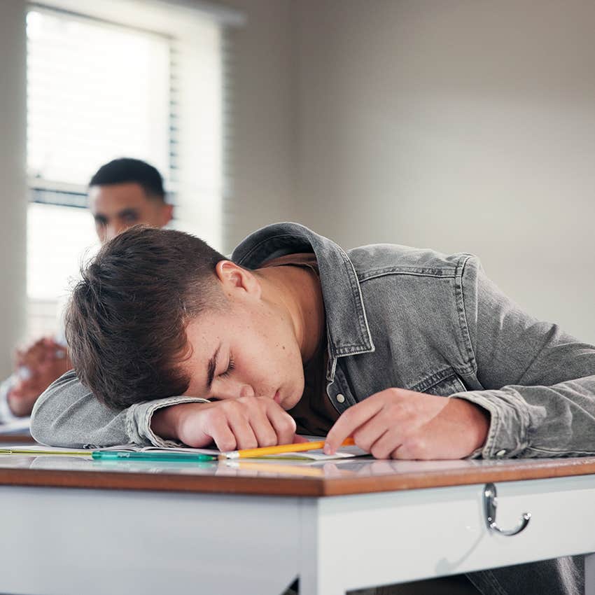 student falling asleep on desk in class being taught bad work ethic at home