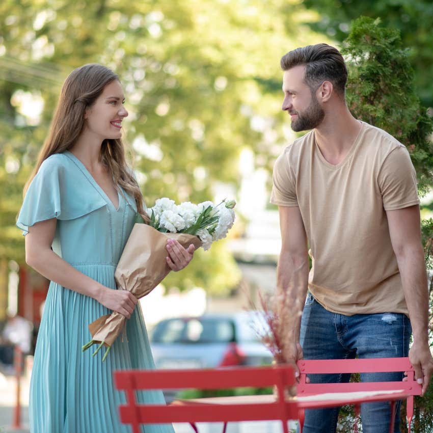man and woman on a first date after meeting in person offline