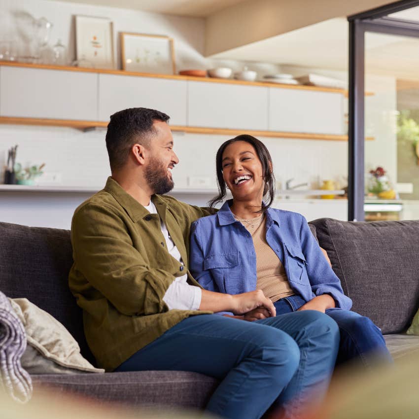 couple with healthy boundaries talking to each other laughing