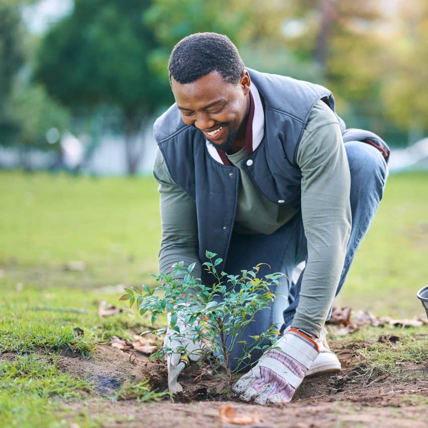 happy man gardening at home after sitting all day at work