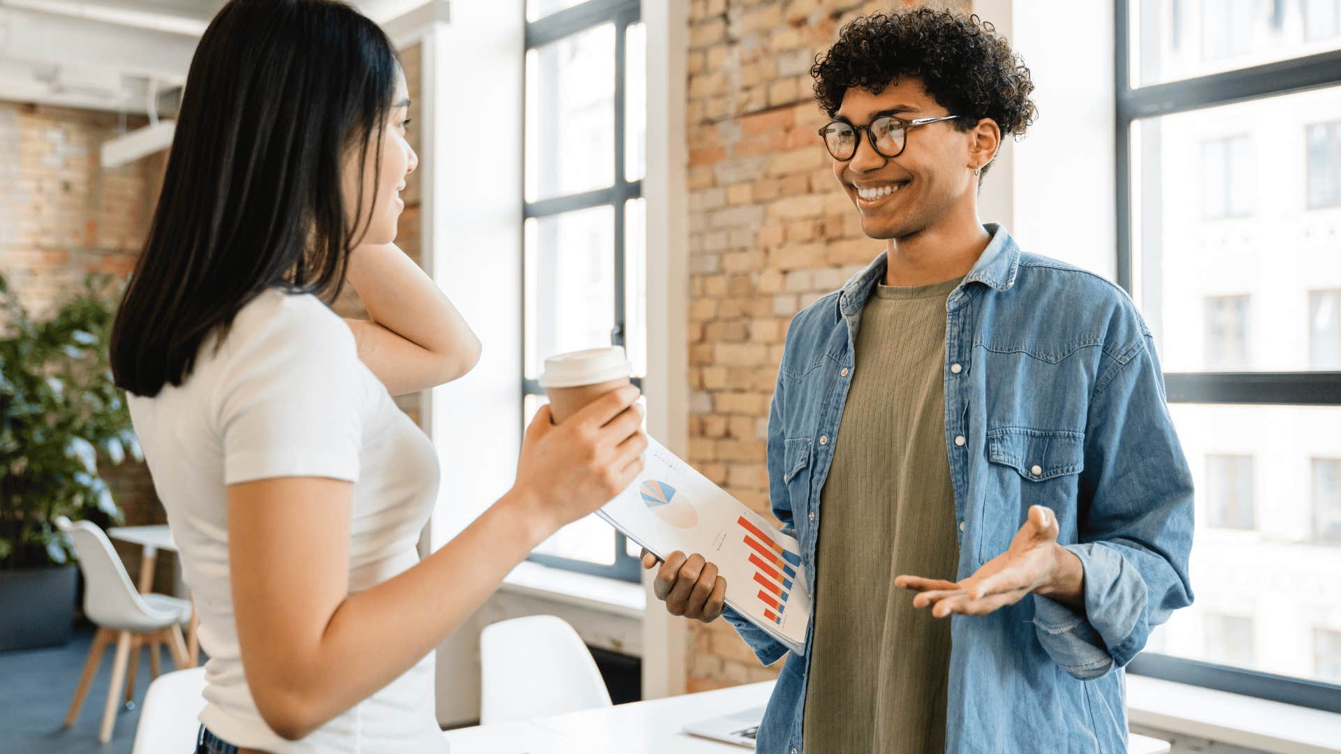man joking with his colleague telling her thanks for that sarcastically