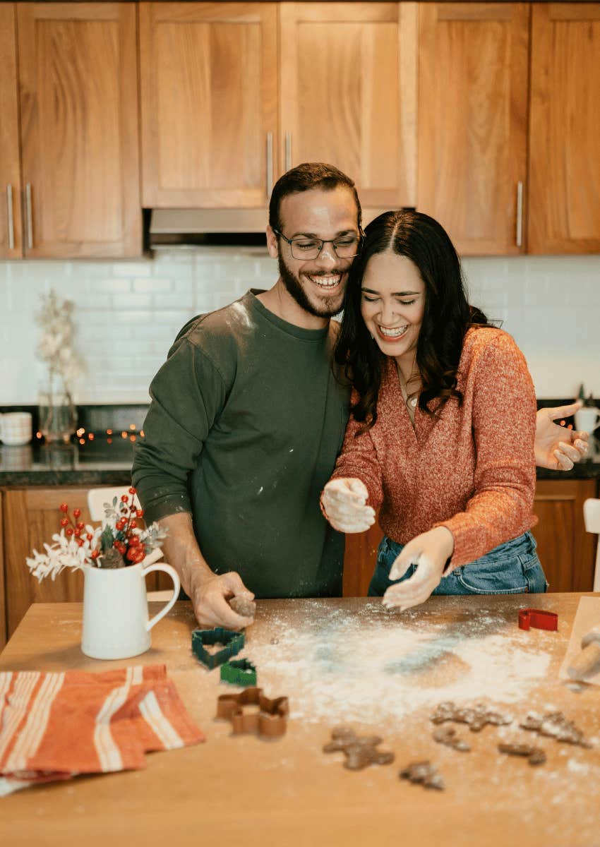 loving couple baking together