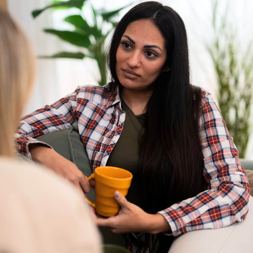 Manipulative woman asking, "Don't you have anyone to help you?" to her friend.