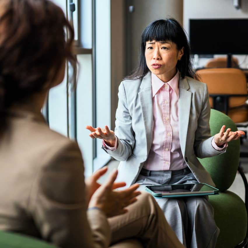 Woman asking, "Do you believe me?" to her co-worker.