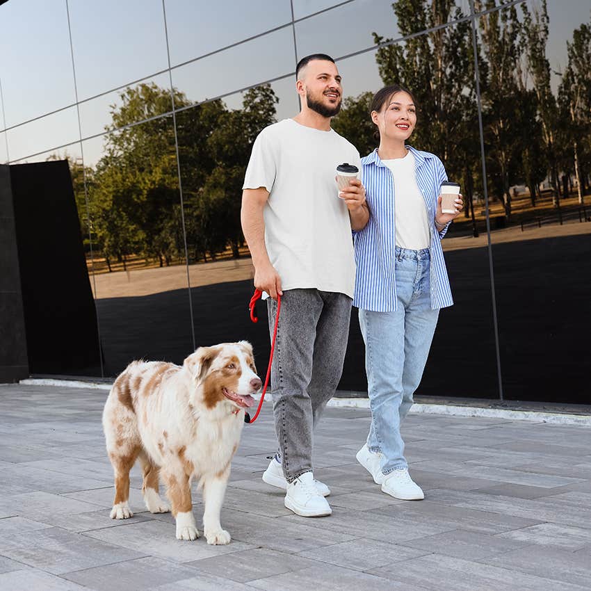 couple taking a leisurely walk with their dog