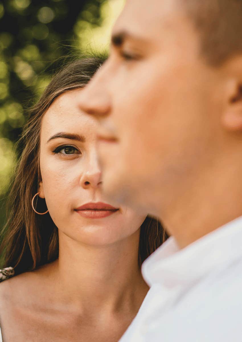 optimistic young woman staring at partner's profile