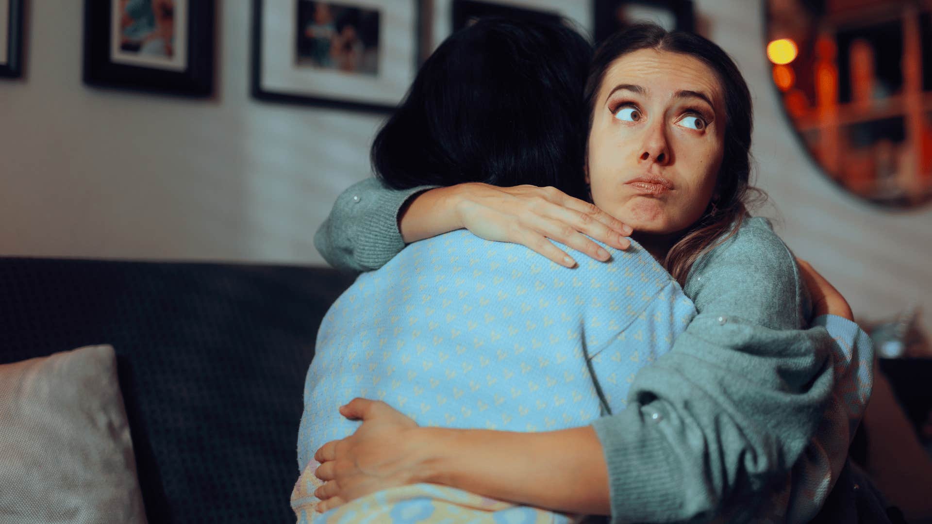 woman with bad character switching personalities while hugging friend