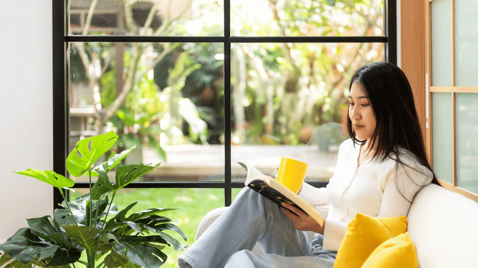 woman with intellectual depth reading a book at home