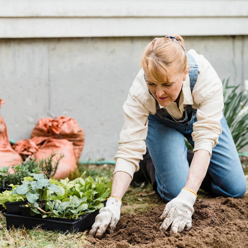woman who feels relaxed gardening because her job requires a lot of thinking