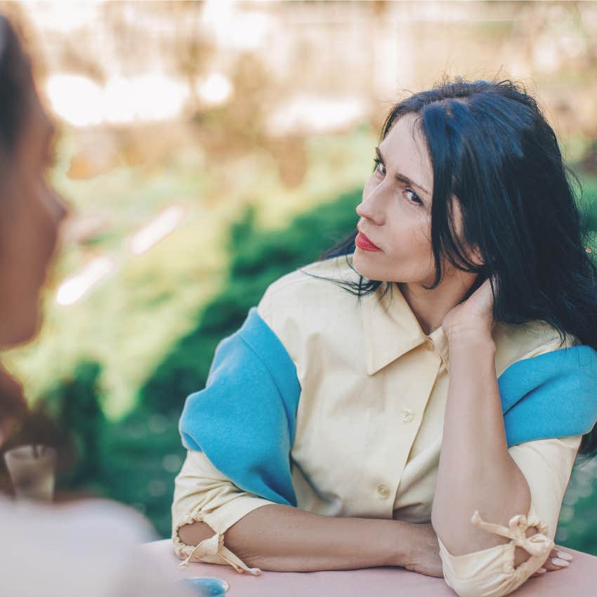 intuitive woman saying i dont like that to friend in conversation