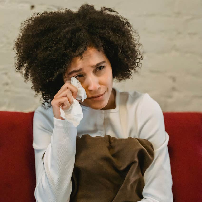 Distraught woman saying everything is ruined