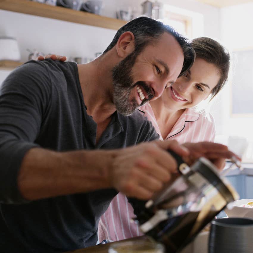 couple with early bedtime brewing coffee sticking to the same routine