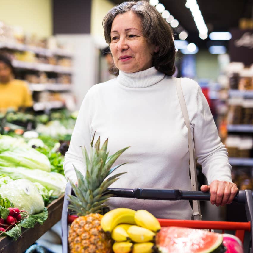 happy older woman not tolerating convenience over health grocery shopping