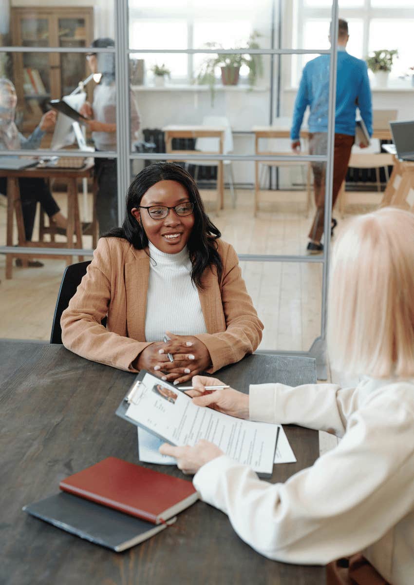smiling woman in a job interview