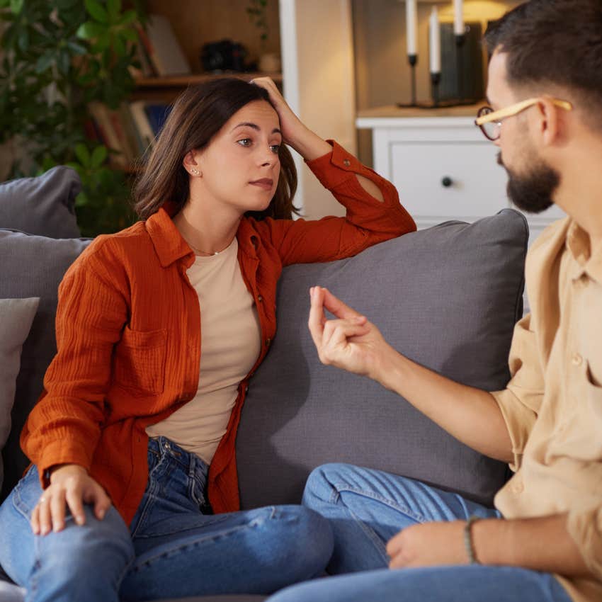 unempathetic woman in conversation with man saying that happened to me