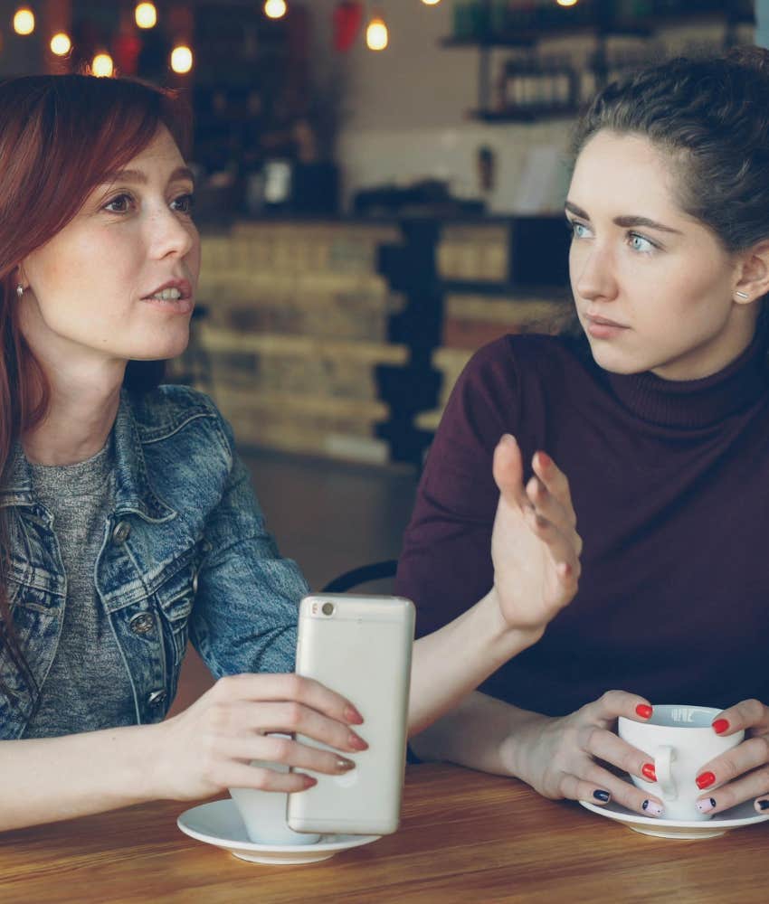 woman with zero social skills saying enough about you to her friend