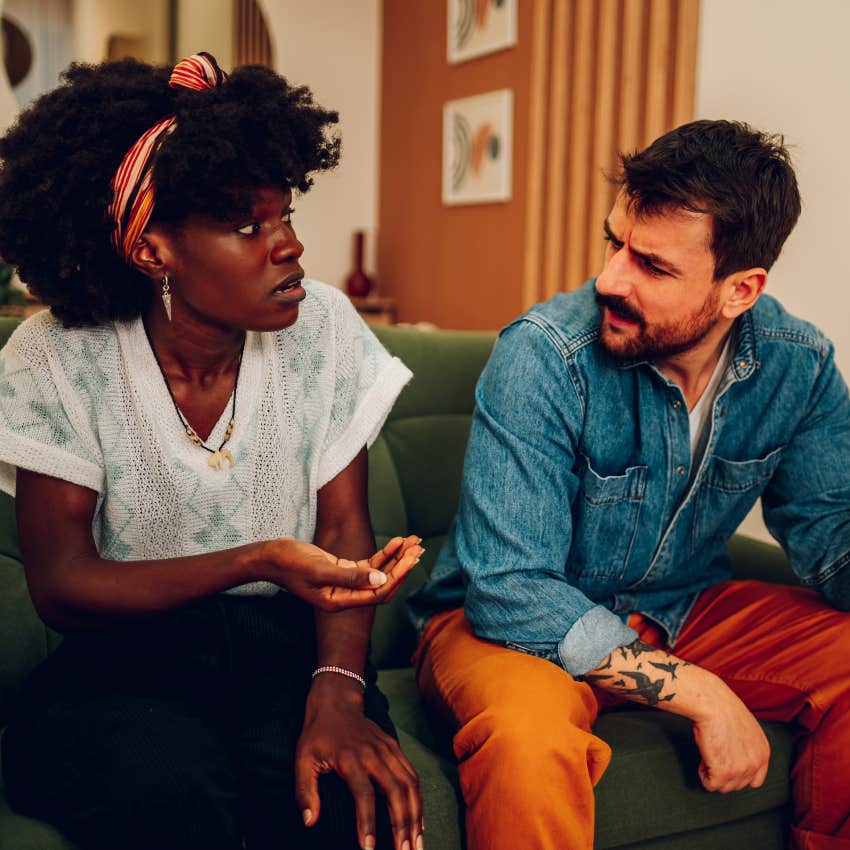 manipulative woman trying to trick man by disarming him