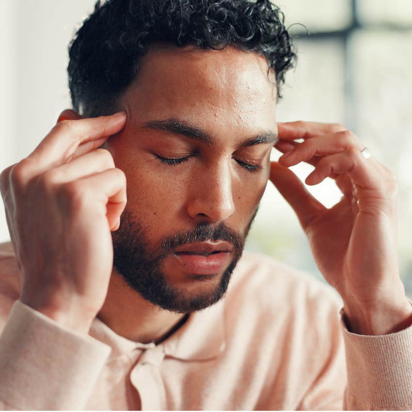 man with trauma who's always on edge looking annoyed