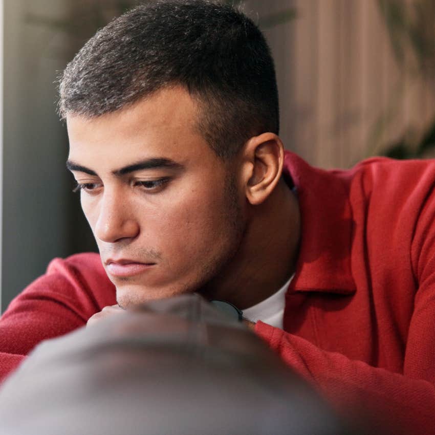 broken man who struggles with asking for help sitting alone at home