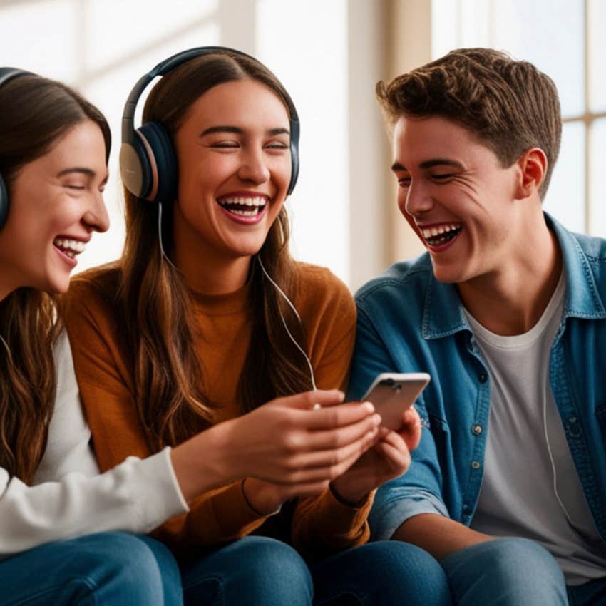 group of friends laughing at themselves while looking at a phone