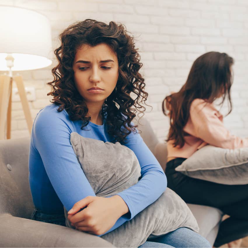 upset woman with strong pattern recognition realizing her friend's true character
