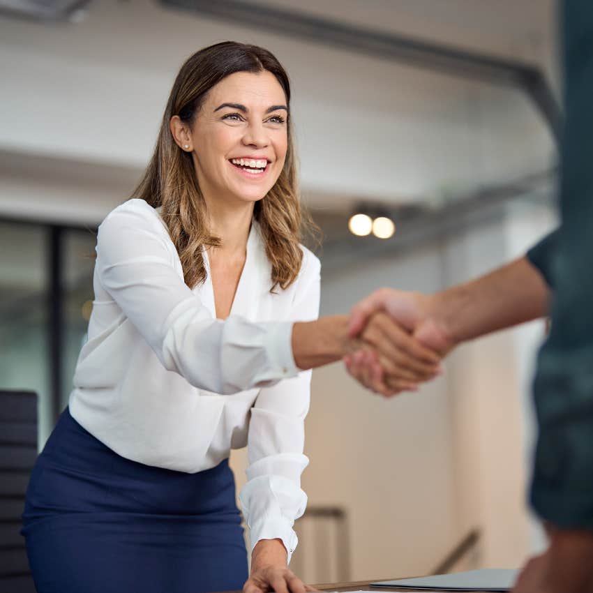 gen X woman using traditional manners to introduce herself