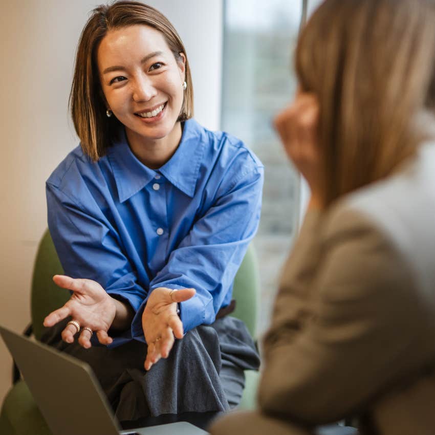 gen X woman at work saying please and thank you to colleague