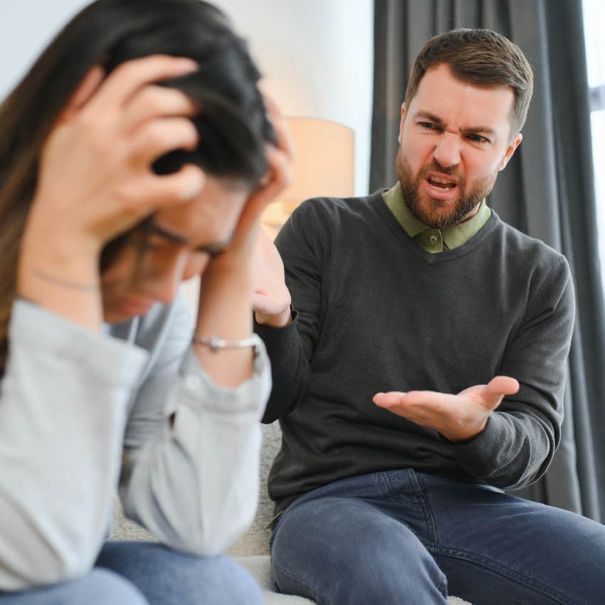 cruel man gaslighting his upset wife telling her that never happened