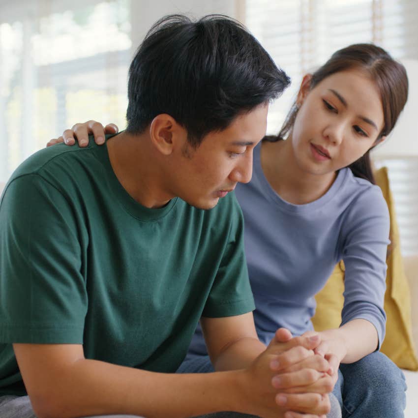 Entitled man saying "It's about time" to his wife.