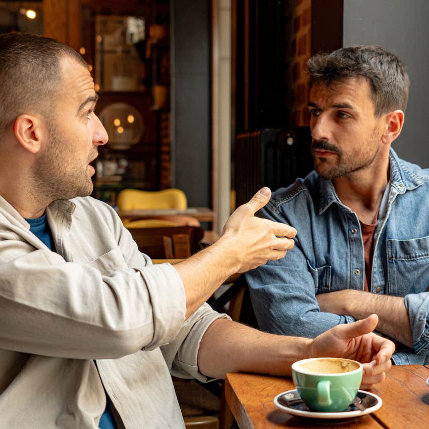two friends in competition with each other over lunch