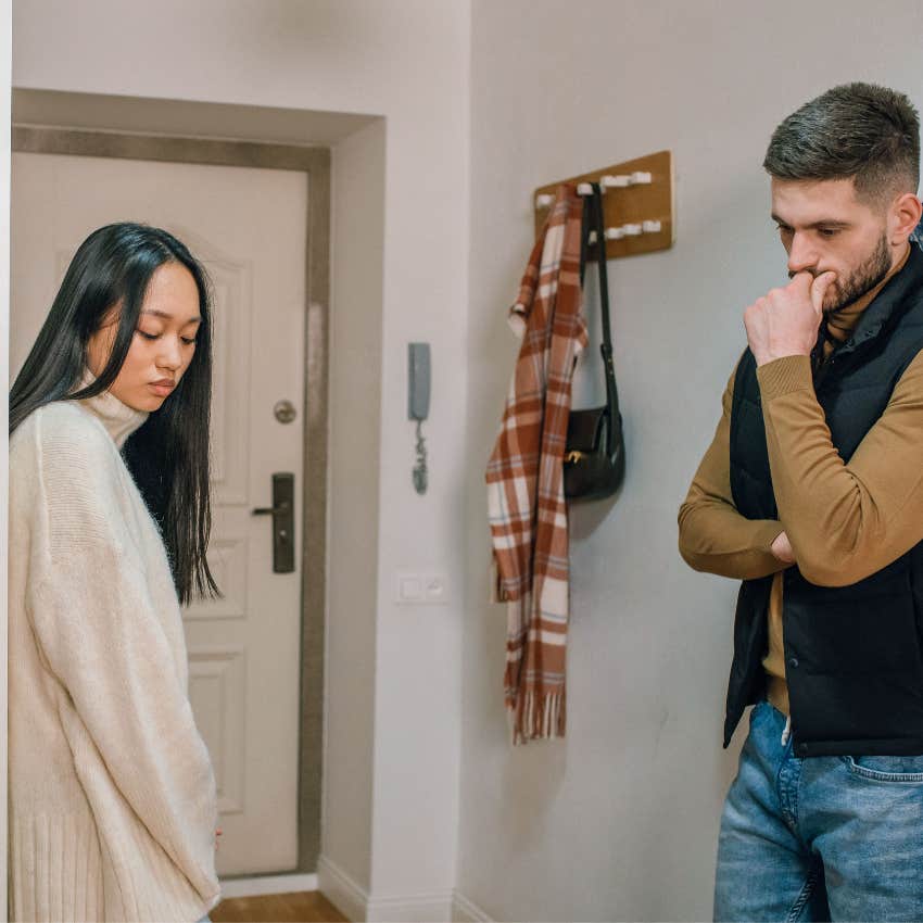 Observant husband noticing wifes tense mood change after coming home from work