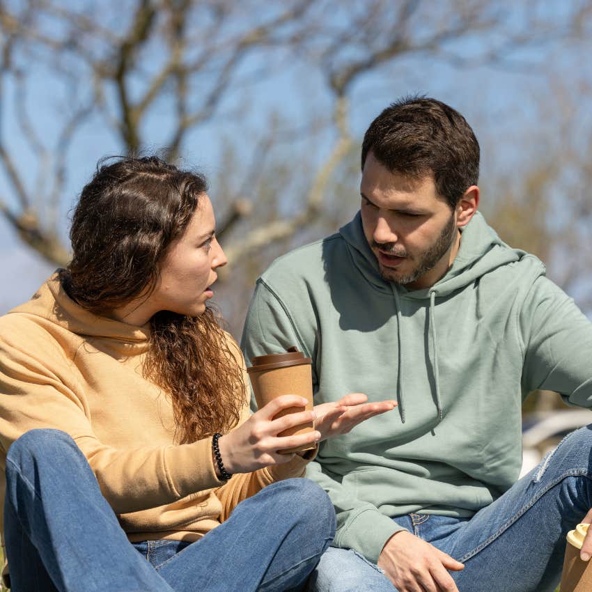 untrustworthy man avoiding personal questions while talking to friend