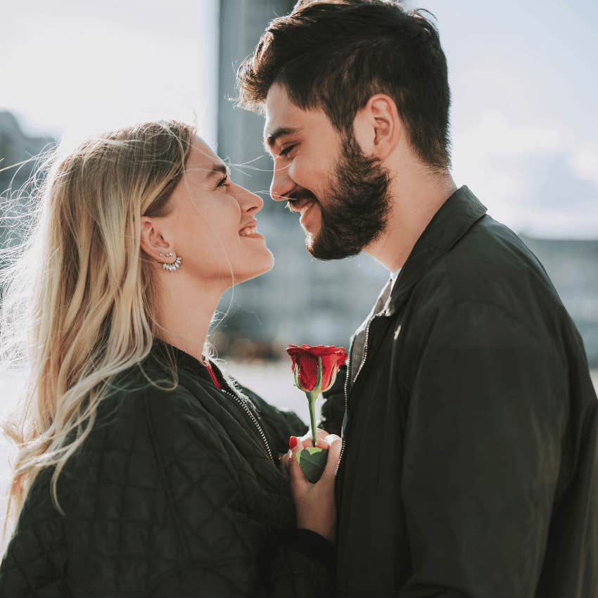 happy couple in love gazing at each other