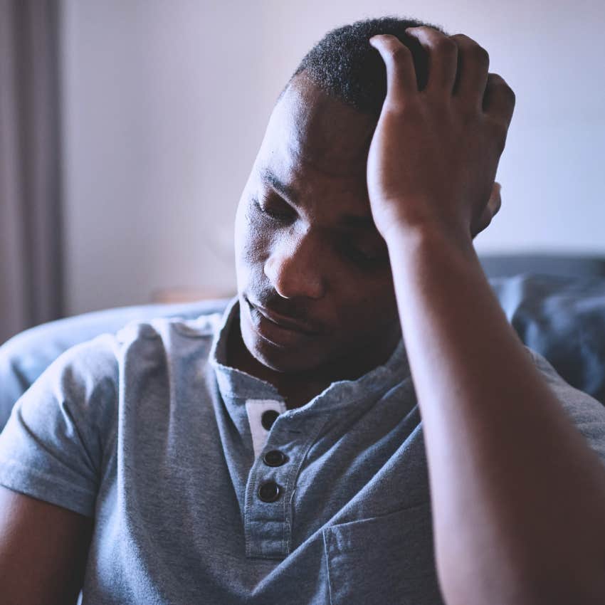hyper-independent man living at home and looking upset