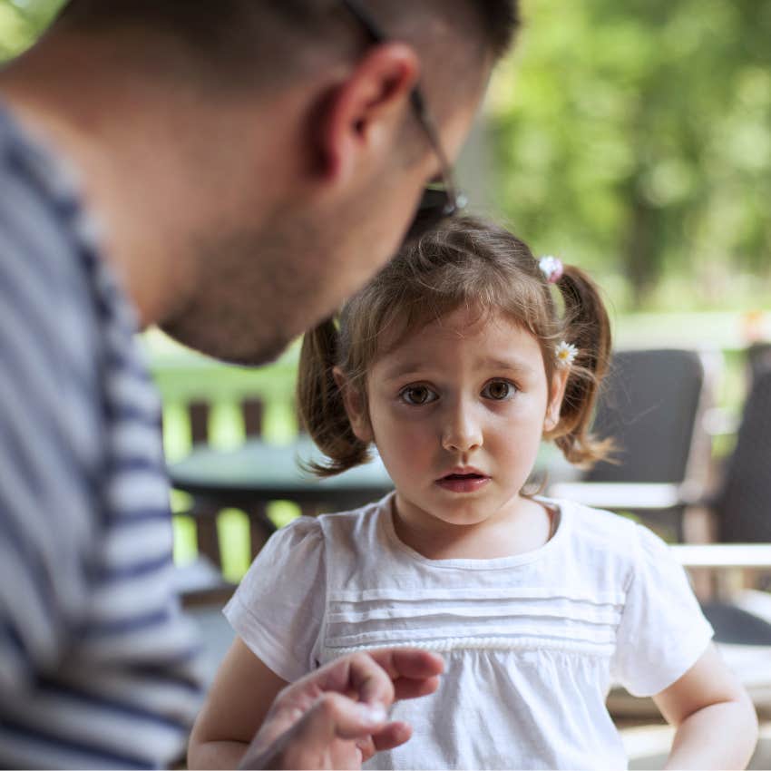 child doubting herself after father scolded her saying let's see what everyone else does