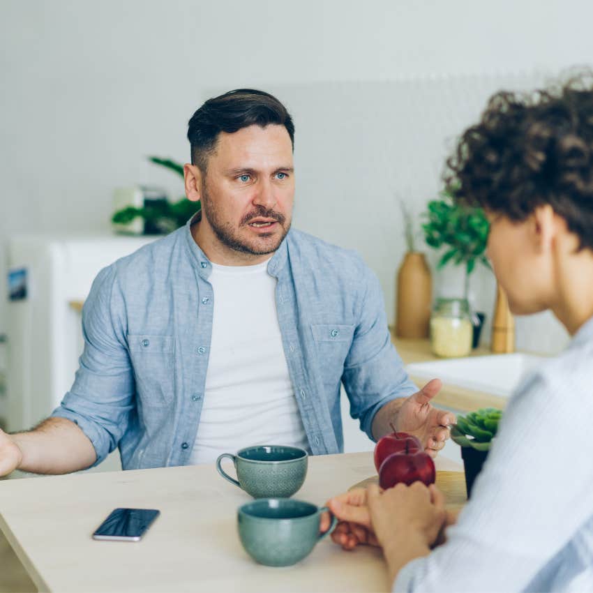 resentful man arguing about doing thoughtful gestures for his partner at home