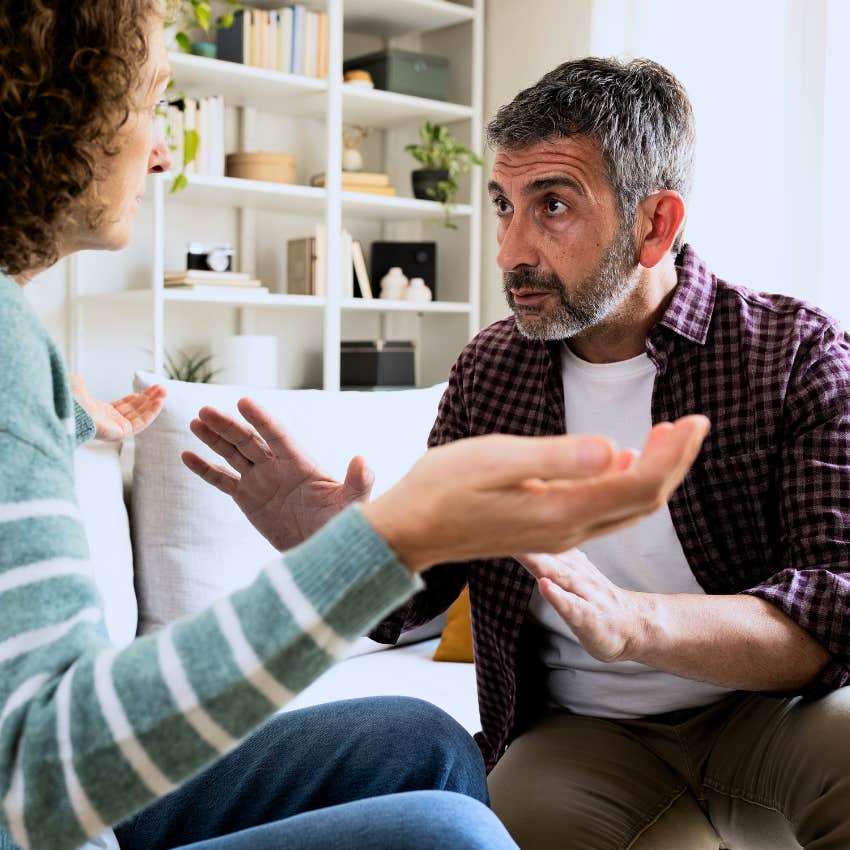 uncaring man saying you're an adult to his upset wife in argument