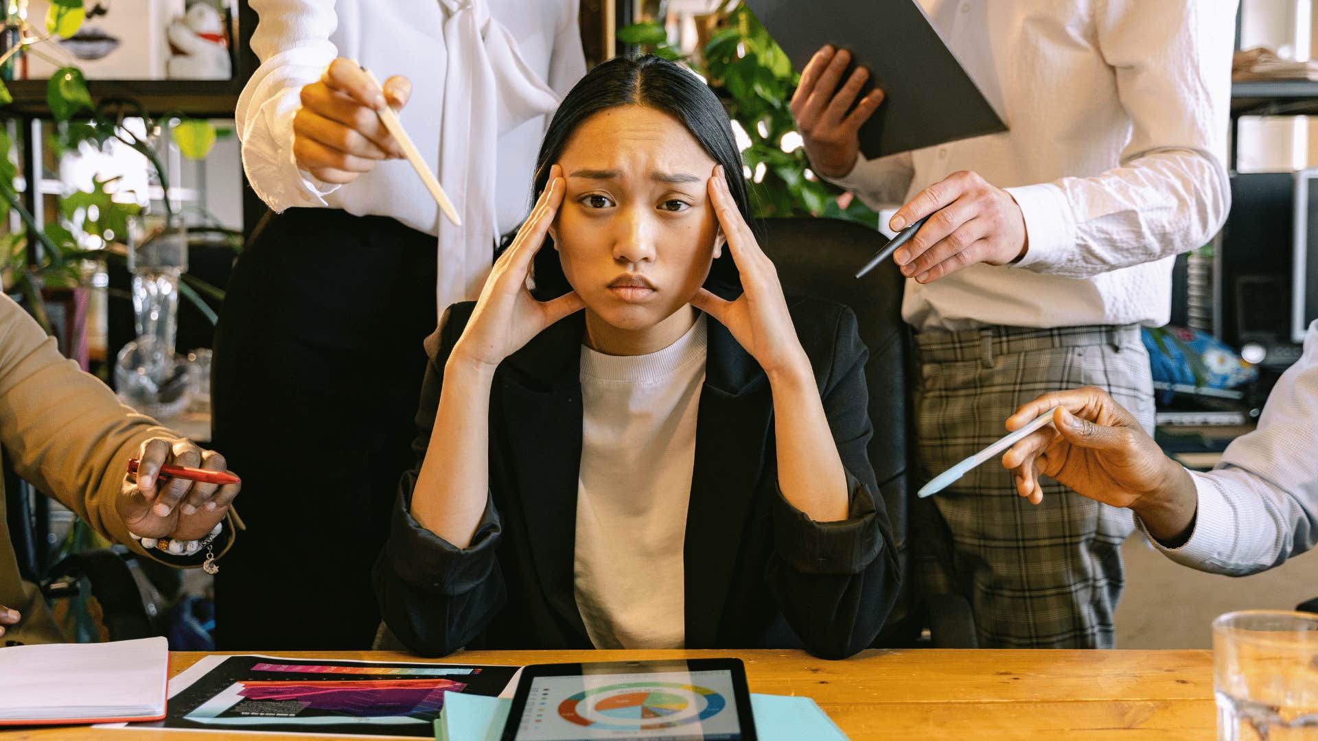 woman surrounded by peer pressure from morally and ethically weak people